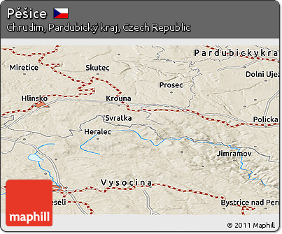 Shaded Relief Panoramic Map of Pěšice