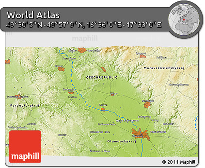 Physical 3D Map of the Area around 49° 43' 37" N, 17° 4' 30" E