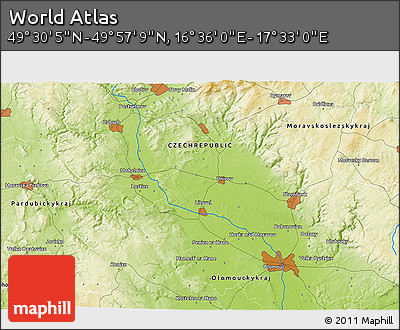 Physical 3D Map of the Area around 49° 43' 37" N, 17° 4' 30" E