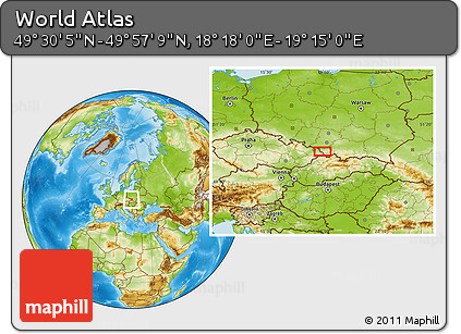 Physical Location Map of the Area around 49° 43' 37" N, 18° 46' 29" E