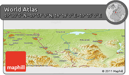 Physical Panoramic Map of the Area around 49° 43' 37" N, 18° 46' 29" E
