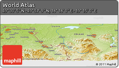 Physical Panoramic Map of the Area around 49° 43' 37" N, 18° 46' 29" E