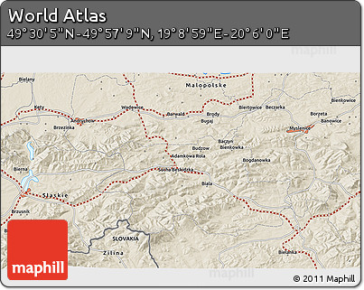 Shaded Relief 3D Map of the Area around 49° 43' 37" N, 19° 37' 30" E