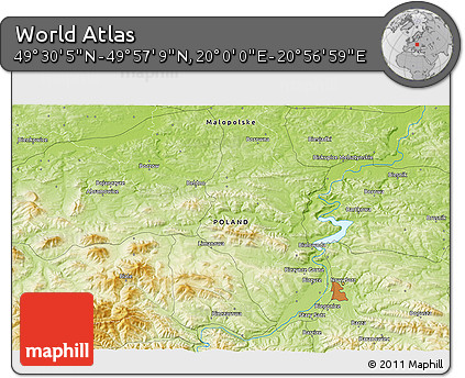 Physical 3D Map of the Area around 49° 43' 37" N, 20° 28' 30" E