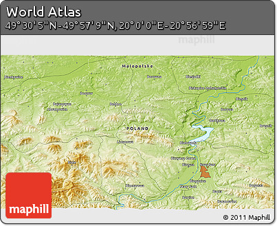 Physical 3D Map of the Area around 49° 43' 37" N, 20° 28' 30" E
