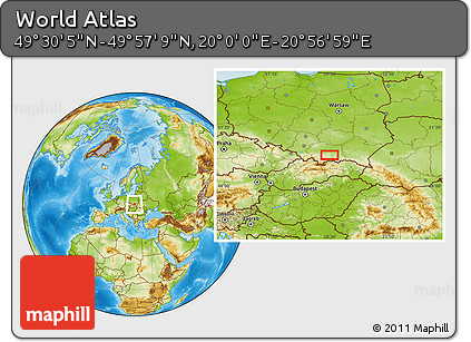 Physical Location Map of the Area around 49° 43' 37" N, 20° 28' 30" E