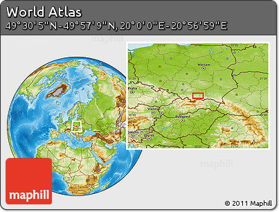 Physical Location Map of the Area around 49° 43' 37" N, 20° 28' 30" E