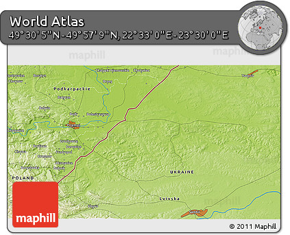 Physical 3D Map of the Area around 49° 43' 37" N, 23° 1' 29" E