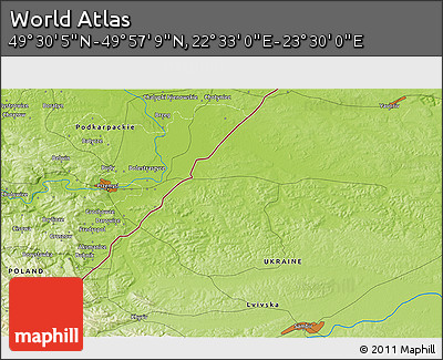 Physical 3D Map of the Area around 49° 43' 37" N, 23° 1' 29" E