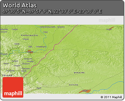 Physical 3D Map of the Area around 49° 43' 37" N, 23° 1' 29" E