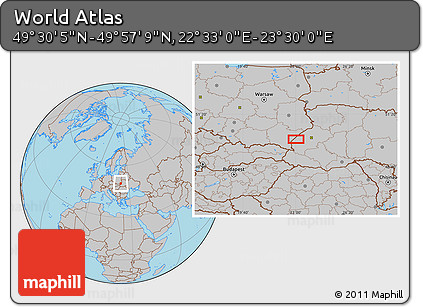 Gray Location Map of the Area around 49° 43' 37" N, 23° 1' 29" E