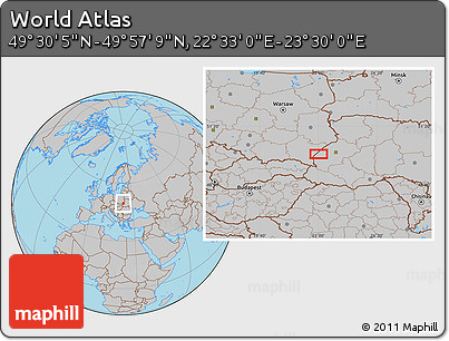 Gray Location Map of the Area around 49° 43' 37" N, 23° 1' 29" E
