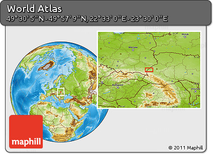 Physical Location Map of the Area around 49° 43' 37" N, 23° 1' 29" E