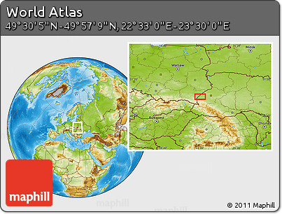 Physical Location Map of the Area around 49° 43' 37" N, 23° 1' 29" E