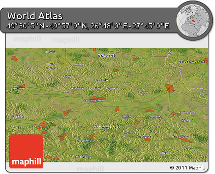 Satellite 3D Map of the Area around 49° 43' 37" N, 27° 16' 29" E