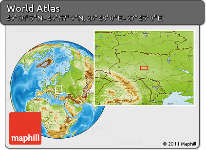Physical Location Map of the Area around 49° 43' 37" N, 27° 16' 29" E