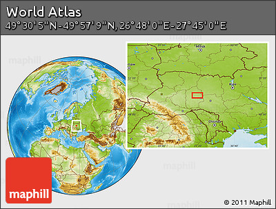 Physical Location Map of the Area around 49° 43' 37" N, 27° 16' 29" E