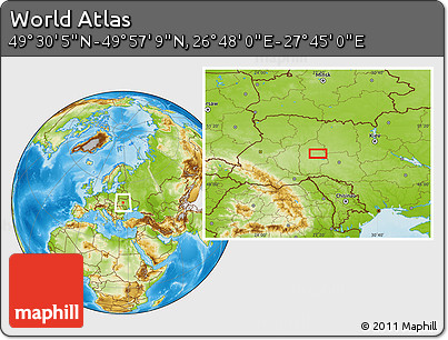 Physical Location Map of the Area around 49° 43' 37" N, 27° 16' 29" E