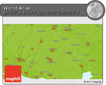 Physical 3D Map of the Area around 49° 43' 37" N, 32° 22' 30" E