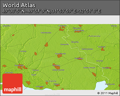 Physical 3D Map of the Area around 49° 43' 37" N, 32° 22' 30" E