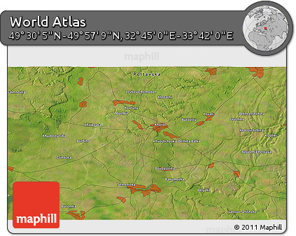 Satellite 3D Map of the Area around 49° 43' 37" N, 33° 13' 30" E