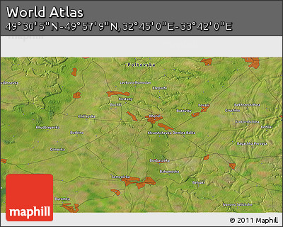 Satellite 3D Map of the Area around 49° 43' 37" N, 33° 13' 30" E