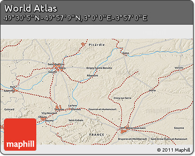 Shaded Relief 3D Map of the Area around 49° 43' 37" N, 3° 28' 30" E