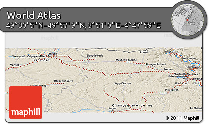 Shaded Relief Panoramic Map of the Area around 49° 43' 37" N, 4° 19' 30" E