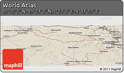 Shaded Relief Panoramic Map of the Area around 49° 43' 37" N, 4° 19' 30" E