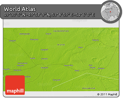 Physical 3D Map of the Area around 49° 43' 37" N, 53° 37' 30" E