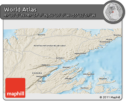 Shaded Relief 3D Map of the Area around 49° 43' 37" N, 56° 1' 29" W