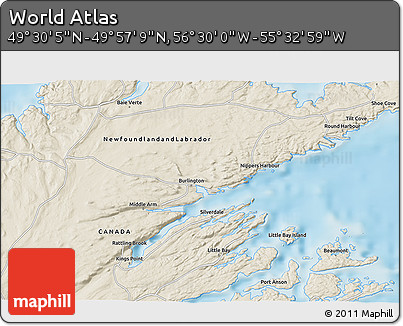 Shaded Relief 3D Map of the Area around 49° 43' 37" N, 56° 1' 29" W