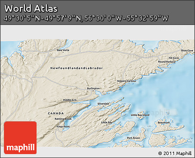 Shaded Relief 3D Map of the Area around 49° 43' 37" N, 56° 1' 29" W