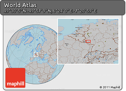 Gray Location Map of the Area around 49° 43' 37" N, 6° 52' 30" E, hill shading