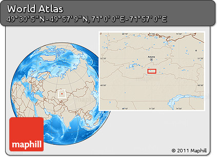 Shaded Relief Location Map of the Area around 49° 43' 37" N, 71° 28' 29" E