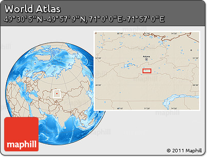 Shaded Relief Location Map of the Area around 49° 43' 37" N, 71° 28' 29" E