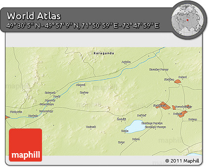 Physical 3D Map of the Area around 49° 43' 37" N, 72° 19' 29" E