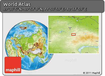 Physical Location Map of the Area around 49° 43' 37" N, 72° 19' 29" E