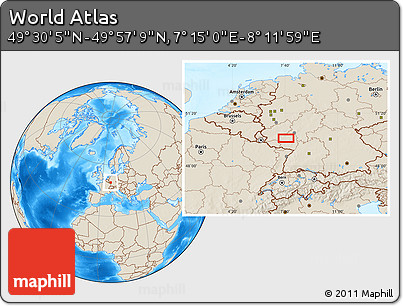Shaded Relief Location Map of the Area around 49° 43' 37" N, 7° 43' 29" E