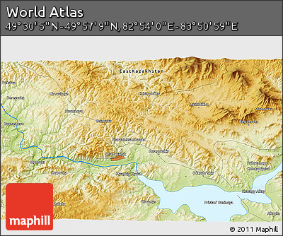 Physical 3D Map of the Area around 49° 43' 37" N, 83° 22' 30" E