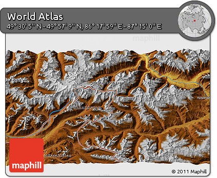 Physical 3D Map of the Area around 49° 43' 37" N, 86° 46' 30" E