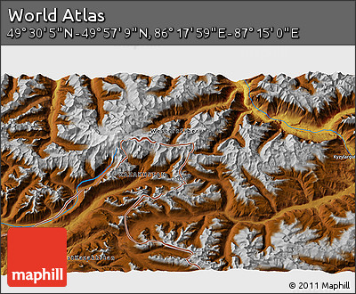 Physical 3D Map of the Area around 49° 43' 37" N, 86° 46' 30" E