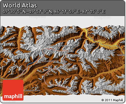 Physical 3D Map of the Area around 49° 43' 37" N, 86° 46' 30" E