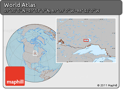Gray Location Map of the Area around 49° 43' 37" N, 89° 10' 30" W, hill shading