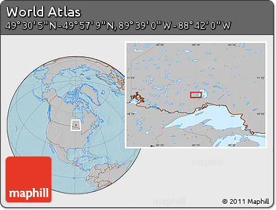 Gray Location Map of the Area around 49° 43' 37" N, 89° 10' 30" W, hill shading