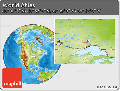 Physical Location Map of the Area around 49° 43' 37" N, 89° 10' 30" W