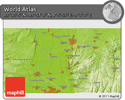 Physical 3D Map of the Area around 49° 43' 37" N, 8° 34' 29" E