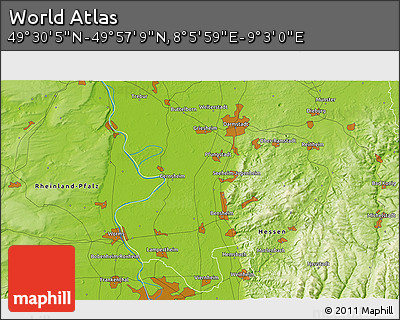 Physical 3D Map of the Area around 49° 43' 37" N, 8° 34' 29" E