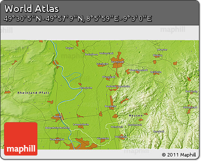 Physical 3D Map of the Area around 49° 43' 37" N, 8° 34' 29" E