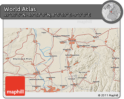 Shaded Relief 3D Map of the Area around 49° 43' 37" N, 8° 34' 29" E